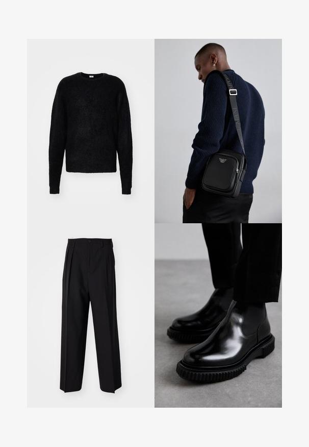 Schwarzer Rundhalsausschnitt-Pullover aus weichem, strukturiertem Material. Verfügt über lange Ärmel und einen lockeren Schnitt ohne sichtbare Verzierungen.; Schwarze, plissierte Hose mit geradem, weitem Bein. Hergestellt aus glattem Stoff, mit Knopfverschluss und Gürtelschlaufen.; Schwarze Leder-Chelsea-Boots mit glatter Oberfläche, elastischen Seiteneinsätzen und einer dicken, strukturierten Gummisohle mit einem robusten Profil.; Schwarze Leder-crossbody-Tasche mit einem Reißverschlussfach, Logo-Detail und einem verstellbaren, gebrandeten Gurt. Getragen zu einem strukturierten marineblauen Pullover.