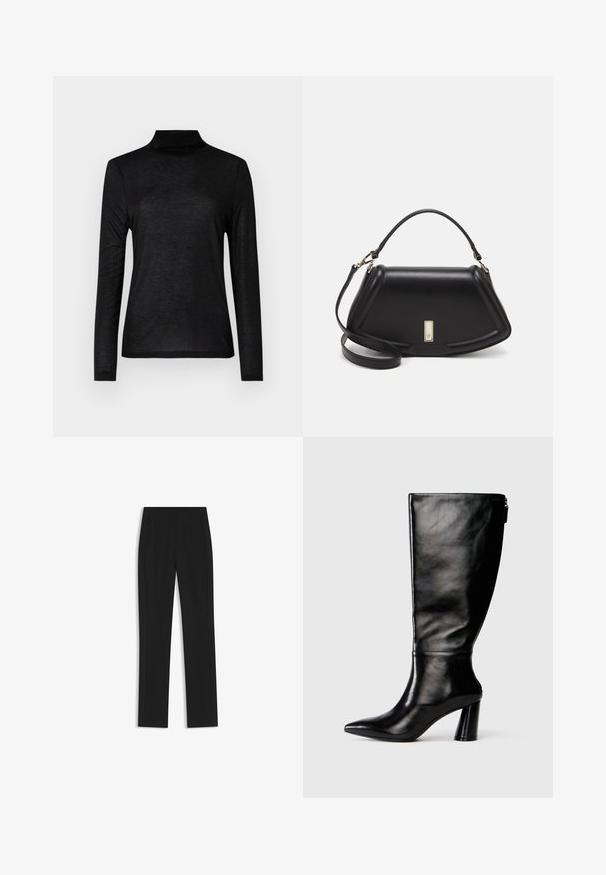Black long-sleeve turtleneck top made from a smooth, lightweight fabric. Features a fitted design with a high neckline and no patterns.; Black tailored trousers with a straight-leg design, featuring front pockets and a smooth, textured fabric. Neat, minimal detailing.; Knee-high black leather boot with a pointed toe, smooth texture, and a chunky heel. Features a zipper detail at the back.; Black leather handbag with a structured design, featuring a cropped shape, top handle, and gold hardware accent. Adjustable shoulder strap included.