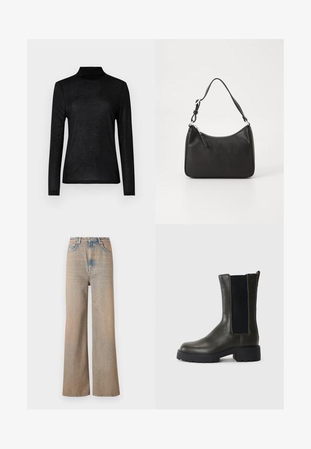 Svart langermet turtleneck-topp laget av et glatt, lett stoff. Har en tettsittende design med høy hals og uten mønstre.; Lysvaskede, vide ben jeans med høj talje, lavet af denim. Har diskret syninger og fem lommer, med en let falmet tekstur.; Grønn skinn ankelstøvel med elastiske sidepaneler, rund tå og gummisal. Har en teksturert overflate og blokkhæl.; Svart lærveske med en buet form, en enkelt stropp, glidelåslukking og subtil merkevarebygging på forsiden. Glatt tekstur, minimalistisk design.