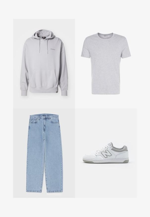 Svetlo šedá mikina s kapucňou vyrobená z mäkkého, textúrovaného materiálu. Obsahuje predné vrecko, kapucňu so sťahovacou šnúrkou a vyšívané logo na hrudi.; Sivá bavlnená tričko s okrúhlym výstrihom, krátkymi rukávmi a jednoduchým dizajnom, s jemnou, hladkou textúrou a bez viditeľných vzorov alebo ozdôb.; Svetlomodré denimové džínsy s rovnými nohavicami, s polovysokým pásom, piatimi vreckami a zapínaním na gombík a zips.; Biele kožené tenisky so šedými akcentmi, obsahujúce perforovaný špičkový box, ploché šnúrky a vzorovanú podrážku. Logo New Balance na boku.