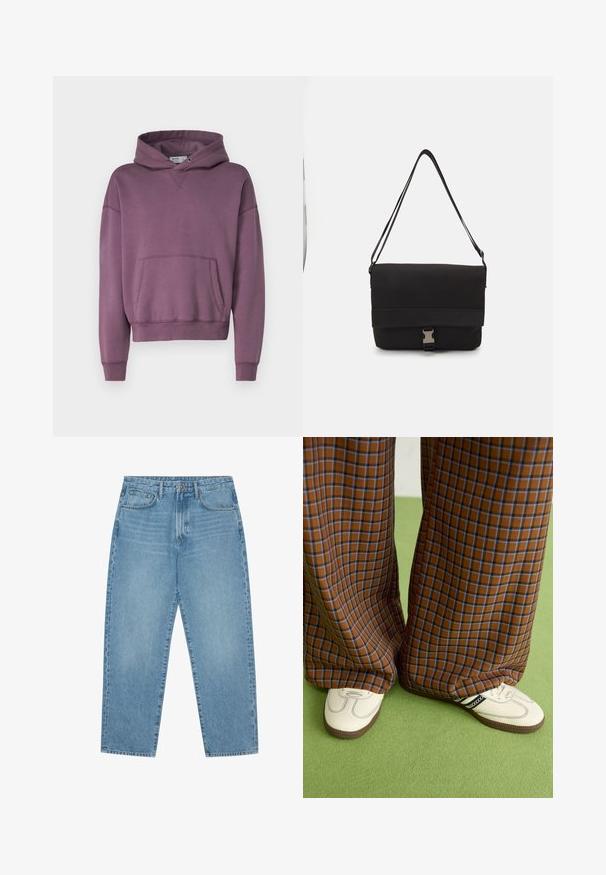 Μωβ φούτερ με κουκούλα, με μπροστινή τσέπη, ραμμένα μανίκια και στρίφωμα, που προσφέρει χαλαρή εφαρμογή και μαλακή υφή.; Ανοιχτό γαλάζιο τζιν παντελόνι με φαρδιά πόδια και ψηλή μέση, διαθέτει πέντε τσέπες, θηλιές ζώνης και απαλό, ελαφρώς ξεθωριασμένο υλικό.; Καφέ και μπλε καρό παντελόνια με φαρδιά πόδια, σε συνδυασμό με λευκά παπούτσια που έχουν μαύρες λεπτομέρειες και υφασμάτινες σόλες, τοποθετημένα σε πράσινο φόντο.; Μαύρη τσάντα Messenger από λείο υλικό, διαθέτει πτυσσόμενο καπάκι, ασημένια κλείσιμο και ρυθμιζόμενο ιμάντα ώμου.