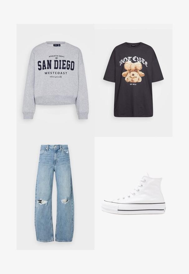 ONLY Petite ONLSWEAT LIFE CREW STATE - Sweatshirt - light grey melange; Schwarzes, übergroßes T-Shirt mit einem Grafikdruck eines Bären und dem Text "NICHT SÜß, SONDERN WILD" in fetter, weißer Schrift. Baumwollmaterial.; Helles, hochtailliertes Jeans aus Denim. Hat weit geschnittene Beine, zwei aufgerissene Kniebereiche und klassischen Fünf-Taschen-Stil.; Weiße hochwertige Leinensneaker mit schwarzer Gummisohle, vorderem Gummizehenschutz und sechs Ösen für Schnürsenkel, die ein sauberes, minimalistisches Design aufweisen.