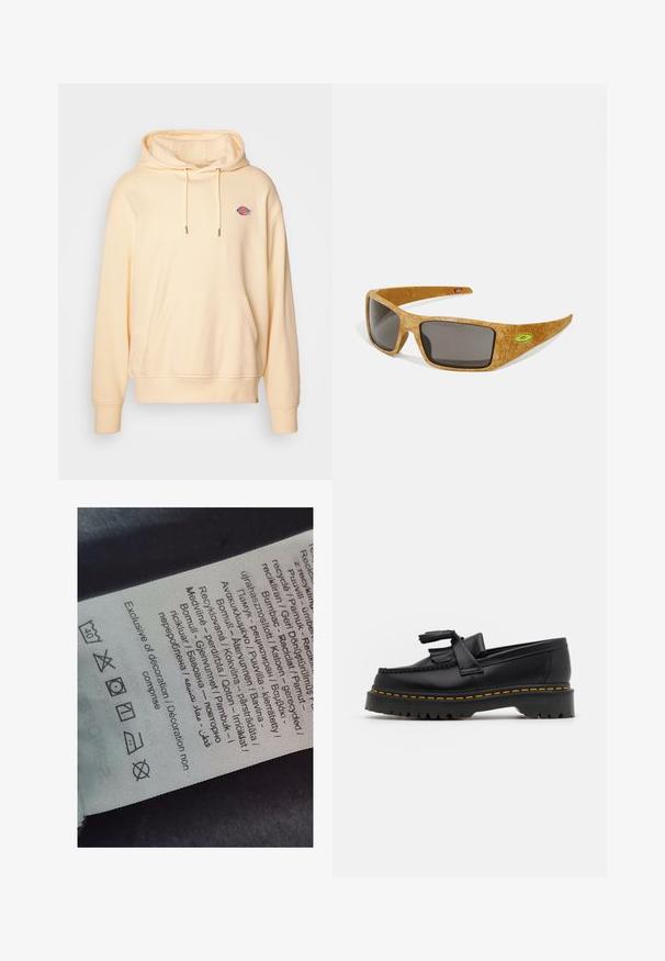 Gaiši dzeltena kokvilnas džemperis ar priekšējo kabatu, ar auklu regulējamu kapuci un izšūtu logo uz krūtīm. Iespējas ribotas piedurknes un apakšmala.; Etiķete ar daudzvalodu tekstu, aprūpes simboliem un pārstrādes ikonām, drukāta uz mīksta auduma līdzīga materiāla gaišā krāsā.; Melnas ādas mokasīni ar pērlītēm uzsvaru, ar masīvu melnu zoli un dzeltenu šuvumu gar malu. Ar teksturētu apdari.; Oakley HELIOSTAT UNISEX - Saulesbrilles - matte stone desert tan / prizm grey polar