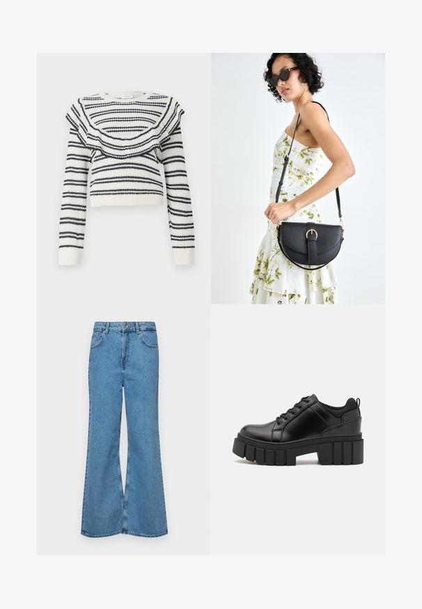 Valge kudumine kampsun mustade horisontaalsete triipudega, millel on volangiga kaelus ja pikad varrukad. Lühendatud disain ribidega mansettidega.; Heledad sinine flared teksade rõivad, millel on kõrge talje, viis taskut ja üks nupulukk. Pehme tekstuur ja pleekinud viimistlus.; Must musta platvormsussid paksu plokkninal, ümmarguse varbaga ja traditsioonilise nööridega kinnitamisega. Sussid on sileda tekstuuriga ja minimaalsete detailidega.; Mustmust mustraha kõverate joontega, eemaldatava rihmaga ja kuldsete detailidega. Kotil on klapp, millel on pandladetail.