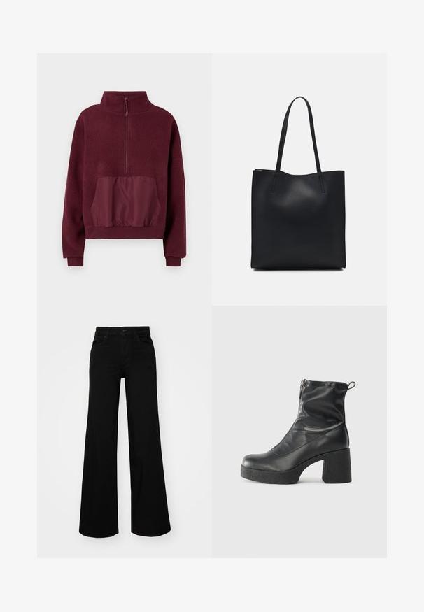 ONLY ONLLIA LIFE HALF ZIP  - Fleecegenser - port royale; Svart vide bukser laget av denim, med en strukturert midjebånd, beltestropper og frontlommer. Glatt tekstur med et klassisk design.; Svarte ankelstøvler laget av glatt lær, med glidelås på siden, chunky strukturert hæl, og rund tå-design.; Svart lær tote bag med glatt tekstur, rektangulær form og to lange håndtak. Ingen synlige deler eller dekorasjoner.