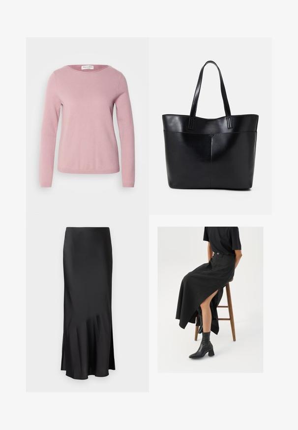 Marc O'Polo LONGSLEEVE ROUND NECK - Maglione - dark mauve; Gonna midi nera in satin con un design elegante, caratterizzata da un leggero svaso all'orlo e uno spacco laterale per facilitare i movimenti. Texture liscia.; Gonna maxi in lino nera con uno spacco alto, indossata con una t-shirt nera e stivaletti neri. Design minimalista con una vestibilità rilassata.; Borsa a tracolla in pelle nera con due manici lunghi, una texture liscia e una forma strutturata. Presenta una tasca frontale per ulteriore spazio di archiviazione.