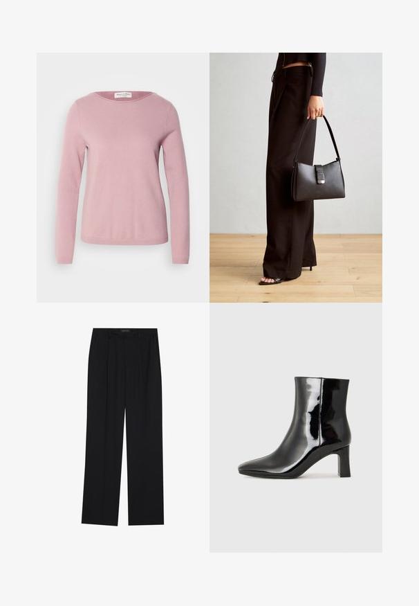 Marc O'Polo LONGSLEEVE ROUND NECK - Strickpullover - dark mauve; Schwarze Hose mit geradem Bein, ausgestattet mit zwei frontalen Taschen und einem Taillenbund. Hergestellt aus einem glatten, leichten Stoff.; Schwarzer Lackleder-Stiefelette mit spitzer Zehe und einem mittelhohen Blockabsatz. Glatte Textur und minimalistisches Design.; Schwarze Handtasche mit strukturierter Form, glatter Textur und einem metallischen Verschluss. Kombiniert mit weiten schwarzen Hosen und offenen Sandalen auf einem Holzboden.