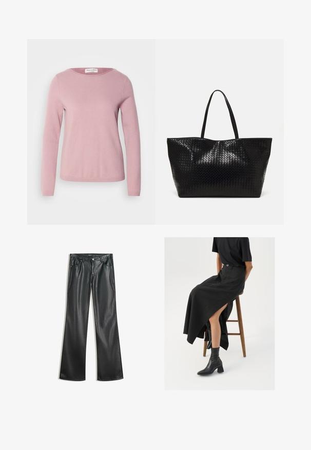 Marc O'Polo - Sweter; Czarne sztuczne skórzane spodnie w stylu dzwonów o gładkiej fakturze, pięcioma kieszeniami, zamkiem z przodu i kontrastowymi szwami.; Czarna lniana spódnica maxi z wysokim rozcięciem, noszona z czarnym t-shirtem i czarnymi botkami sięgającymi kostek. Minimalistyczny design z luźnym krojem.; Czarna pleciona torba na ramię z dwoma mocnymi uchwytami, charakteryzująca się błyszczącą powierzchnią i przestronnym otwartym topem.