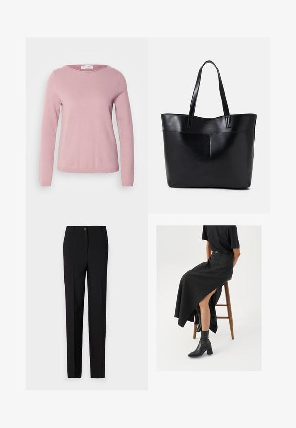 Marc O'Polo LONGSLEEVE ROUND NECK - Pulóver - dark mauve; Fekete, egyenes lábú, szabott nadrág, gombos záródással és övhurkokkal, sima anyagból készült.; Fekete len maxi szoknya magas hasítékkal, fekete pólóval és fekete bokacsizmával viselve. Minimalista dizájn, laza illeszkedéssel.; Fekete bőr bevásárlótáska két hosszú fogantyúval, sima felülettel és strukturált formával. Elülső zseb található rajta a plusz tárolás érdekében.