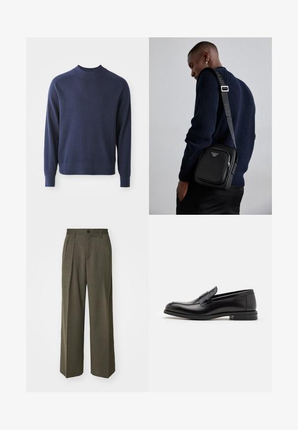 Donkerblauwe geribde sweater met een hoge hals, lange mouwen en een aansluitende zoom; de textuur van de stof voegt diepte toe.; Filippa K WIDE TROUSERS - Broek - driftwood; Zwarte leren instappers met een gladde textuur, ronde neus en een decoratieve band over de wreef. Lage, gestapelde hak en minimalistisch ontwerp.; Zwarteleren schoudertas met een ritscompartiment, logo-detail en een verstelbare band met merk. Draag gezien tegen een gestructureerde marineblauwe trui.