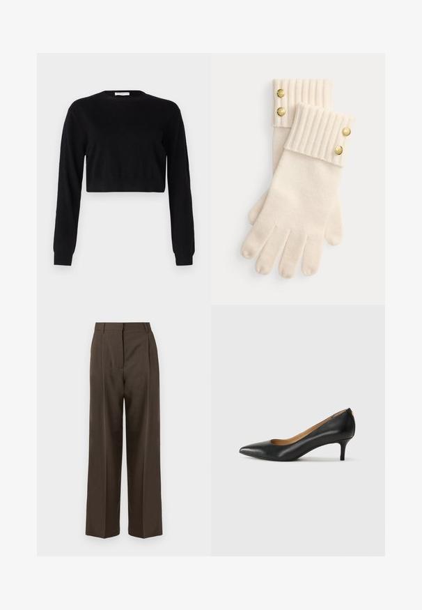 Melnā īsā džemperis, kas izgatavots no adīta materiāla. Iemūžina garas piedurknes, apaļu kakla izgriezumu un pieguļošu maliņu. Vienkārša un vienkrāsaina dizaina.; Brūnas platā kāju bikses ar gludu tekstūru, ar augstu jostasvietu, priekšējām krokām un pielāgotu dizainu. Nav redzamu kabatu vai rotājumu.; Melnas ādas augstpapēžu kurpes ar pīlādžu purngalu, zemu papēdi un gludu virsmu. Raksturīga neliela atvere priekšā un minimāls aprīkojums aizmugurē.; Krēmkrautaina vilnas cimdu ar rievotām aprocēm, katrā aprocē ir divi dekoratīvi zelta pogas. Mīksta tekstūra ar pirkstu atverēm.