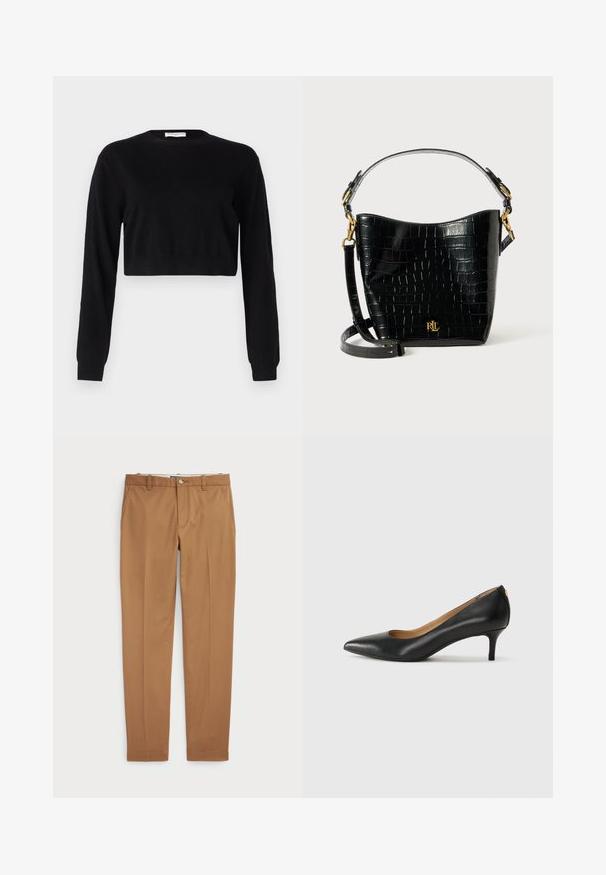 Juodas trumpas megztinis, pagamintas iš mezginio medžiagos. Turi ilgus rankovės, apvalų kaklą ir priderintą apdailą. Paprastas ir vientisos spalvos dizainas.; Rudos medvilnės kelnes su siauru siluetu, lygiu priekiu ir standartinėmis kišenėmis; sklandžios tekstūros ir apkarpytais rankogaliais.; Juodos odinės aukštakulnės bateliai su smailiu nosiu, žemu kulnu ir lygiu paviršiumi. Priekyje yra nedidelis atvirumas, o gale minimalus apdaila.; Juodas krokodilo rašto odinis krepšys su lenkta forma, auksiniais aksesuarais, reguliuojama juosta ir logotipo detale priekyje.