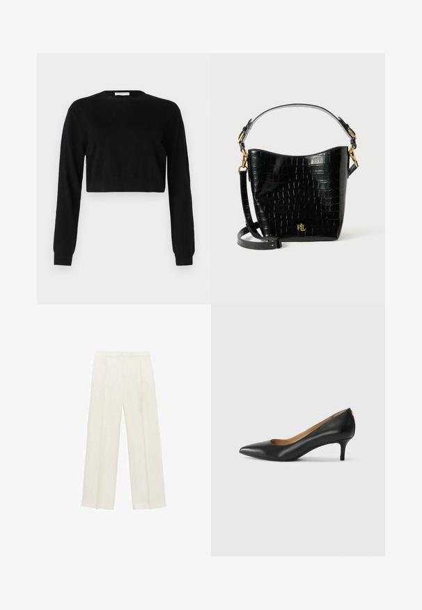 Črn skrajšan pulover iz pletene tkanine. Ima dolge rokave, okroglo ovratnico in prilegajoč rob. Preprost in enobarven dizajn.; Hlače širokih nogavic v svetli kremni barvi. Narejene iz gladkega materiala s plitkimi naborki spredaj in stranskimi žepi.; Črne usnjene črpalke s koničastim nosom, nizko peto in gladko teksturo. Imajo rahlo odprtino spredaj in minimalno opremo zadaj.; Črna torbica iz usnja z embosiranim krokodiljim vzorcem, ukrivljene oblike, z zlatimi akcenti, nastavljivim trakom in podrobnostjo logotipa spredaj.