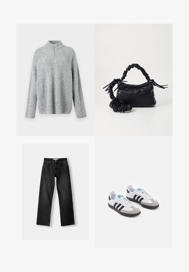Lys grå, strikket pullover med høj krave og halv lynlås; har en afslappet pasform og ribbet struktur i hele stoffet.; Bershka Jeans Straight Leg - mottled dark grey; Sportsko med en overdel i hvid læder, grå ruskind på tåen og tre sorte striber. Har et blåt logo på tungen og en struktureret gummisål.; Sort kunstlæder håndtaske med krokodilteksur, indsnøret top og en sammenkrøben rem. Ser blød og kompakt ud i designet.
