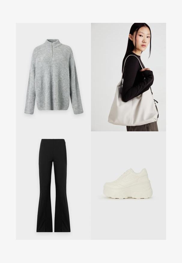 Pull en maille gris clair avec un col haut et une fermeture éclair mi-longue ; possède une coupe décontractée et une texture côtelée sur l'ensemble du tissu.; Pantalons noirs évasés en tissu extensible, présentant une texture lisse, une coupe ajustée et un design à ourlet fendu.; Baskets plateformes blanches avec une tige en simili cuir lisse, une forme arrondie, un col rembourré et une semelle en caoutchouc texturé avec des crampons définis.; Sac à main beige en matériau souple, avec un design décontracté, des détails cousus et deux poignées. Idéal pour un usage quotidien.