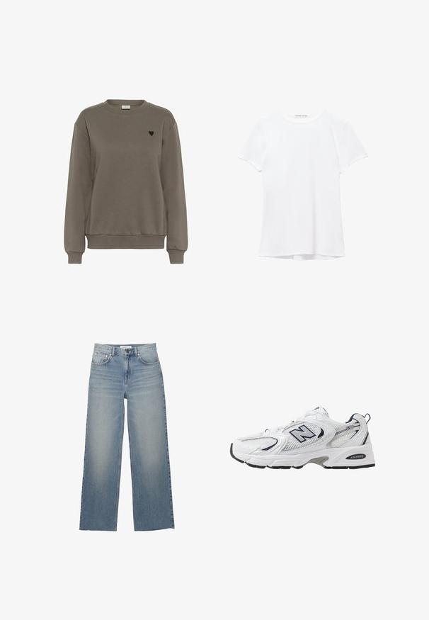 Barna pamut pulóver kerek nyakkivágással, bordázott mandzsettákkal és alsó szegéllyel. A bal mellkasi részen egy kis fekete szívlogó található.; Fehér, rövid ujjú póló sima anyagból, kerek nyakkivágással és diszkrét varrási részletekkel az alján.; Világoskék, bő szárú farmernadrág, magasan illeszkedő derékkal, elülső zsebekkel és gombos záródással. Sima textúra, fakó részekkel.; Fehér sportcipő hálós felsőrészével, sötétkék kiegészítőkkel és párnázott talppal. Jellemzője az "N" logó, a fűzők és a textúrázott részlet az oldalon.