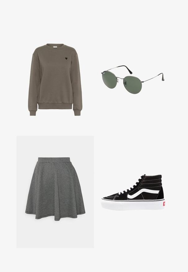 Felpa in cotone marrone con collo a giro, polsini e orlo a coste. Presenta un piccolo logo a forma di cuore nero sull'area sinistra del petto.; Top corto a costine nero con scollatura rotonda e design senza maniche. Realizzato in tessuto morbido ed elastico, presenta bordi rifiniti con cura.; Gonna a pallini bianco e nera in stile skater con vita aderente e orlo svasato, realizzata in tessuto testurizzato che presenta un motivo classico.; Scarpe da ginnastica nere alte con lacci bianchi, un logo bianco e cuciture bianche a contrasto. Presentano una suola bianca spessa e una parte superiore in suede textured.; Occhiali da sole con montatura in metallo e lenti verdi ovali. Montatura sottile in metallo argento e terminali neri. Design minimalista, senza loghi visibili.