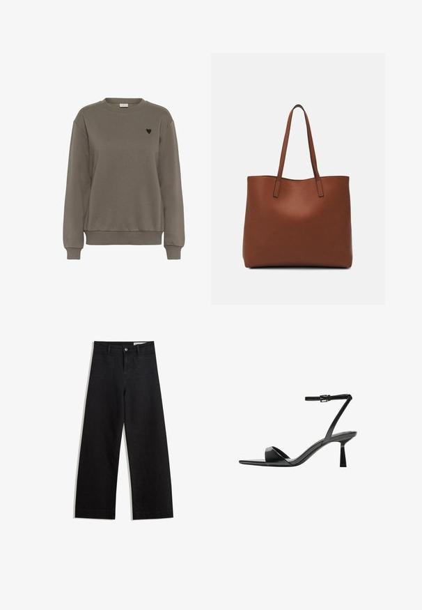 Barna pamut pulóver kerek nyakkivágással, bordázott mandzsettákkal és alsó szegéllyel. A bal mellkasi részen egy kis fekete szívlogó található.; Fekete, bő szabású farmernadrág magas derékkal, elülső és hátsó zsebekkel, varrott felületekkel és gombos záródással. Sima textúra.; Bershka Magas sarkú szandálok - black; Barna bőr vászontáska sima textúrával, nyitott tetejű dizájnnal és két vállpánttal. Minimális varrással és látható hardver nélkül készült.