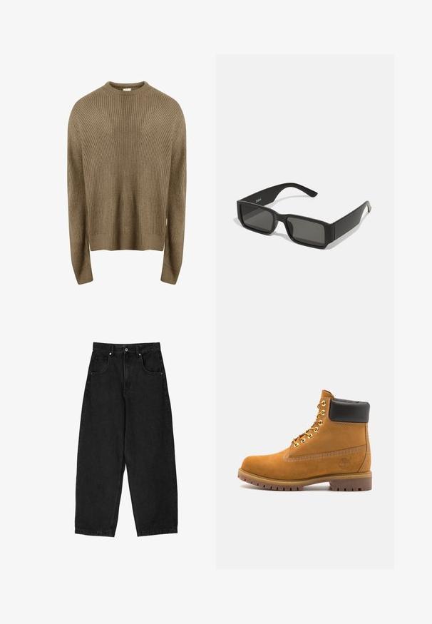 Redefined Rebel MILTON BOXY FIT - Vesta - sand; Crne traperice širokih nogavica s visokim strukom, sadrže pet džepova, zatvarač i metalnu dugmad. Glatka tekstura, minimalno detaljisanje.; Antracitne antilop čizme do gležnjeva s crnim podstavljenim ovratnikom, zlatnim metalnim rupicama, bijelim šavovima i robusnom gumenom potplatom s izraženim šarama.; Crne sunčane naočale s pravokutnim lećama, okvirom od mat plastike i ravnim rubovima. Sadrži logo branda na unutarnjoj strani drške.