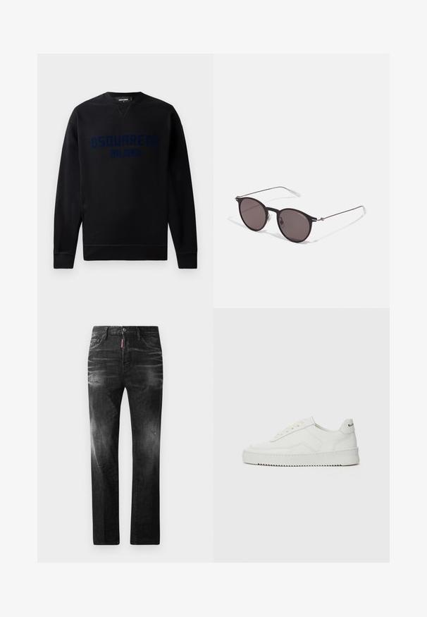 Hanorac negru cu guler rotund și mâneci lungi. În față se află un grafic ridicat „DSQUARED2 MILANO” în albastru închis. Textură moale.; Jeans din denim negru cu o croială dreaptă. Au zone decolorate, ușoare uzuri, design clasic cu cinci buzunare și închidere cu buton.; Sneakers din piele albă cu un finisaj neted, vârf rotund, șireturi plate și o talpă texturată. Prezintă un logo subtil pe călcâi.; Ochelari de soare negri rotunzi cu lentile întunecate și brațe metalice subțiri. Include vârfuri transparente pentru brate și accente argintii la balama. Design minimalist.