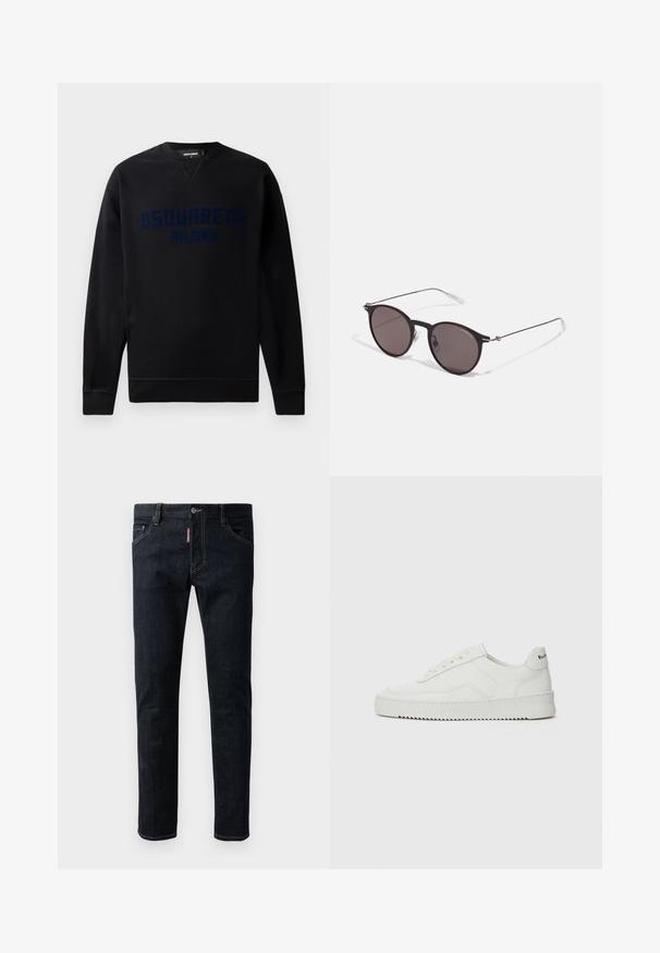 Zwarte sweatshirt met een ronde hals en lange mouwen. Voorkant toont de verhoogde graphic "DSQUARED2 MILANO" in donkerblauw. Zachte textuur.; Donkerblauwe denim jeans met een slim fit, met een knoopsluiting, vijf zakken en contrasterende gele stiksels op de naden.; Witte leren sneaker met een gladde afwerking, ronde neus, platte veters en een gestructureerde zool. Kenmerkt zich door een subtiel logo op de hiel.; Zwarte ronde zonnebril met donkere lenzen en slanke metalen armen. Inclusief heldere tempelpunten en zilveren accenten bij de scharnier. Minimalistisch ontwerp.