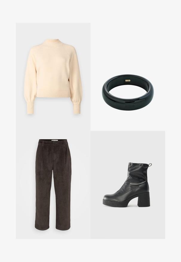 Cremfarbener Pullover mit hohem Rippkragen, Raglanärmeln sowie Rippbündchen und -saum. Glatte Textur, cropped Design.; Braune Cordhosen mit geradem Bein, subtiler Textur und einem Frontknopfverschluss sowie Seitentaschen.; Schwarze Stiefeletten aus glattem Leder mit seitlichem Reißverschluss, klobigem strukturiertem Absatz und runder Zehenform.; Schwarzes Harzarmband mit einer glatten, glänzenden Oberfläche und abgerundeten Kanten. Verfügt über ein kleines goldfarbenes "Pilgrim"-Logo im Inneren.