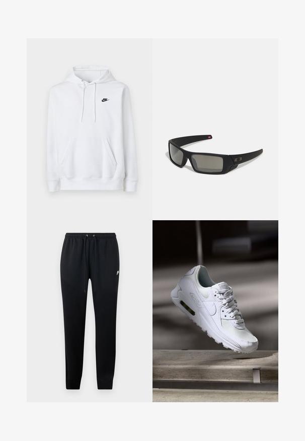 Vit hoodie tillverkad av mjukt tyg med långa ärmar, framfickor i kängurumodell och svart Nike-logga på vänster bröst. Justerbar huva.; Svarta sweatpants i mjukt tyg, med resårmidja och dragsnören, muddar vid anklarna och en liten logotypdetalj på sidan.; Vita Nike Air Max 90 sneakers med en ovandel i mesh och läder, perforerad tåbox och en synlig luftenhet i hälen.; Svarta solglasögon med matt yta, rektangulära linser, lätt kurva vid skalmarna, diskret logotypdetalj och rökfärgade linser.