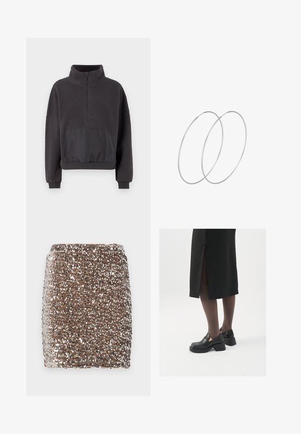 Tmavě šedý svetr z texturovaného fleecu s polovičním zipem, kontrastní hladká látka na přední kapsičce a elastickým lemem a manžetami.; Hnědá mini sukně s flitry s přiléhavým střihem, potažená reflexními stříbrnými flitry, vytvářející texturovaný, třpytivý efekt.; Černé kožené boty s kulatou špičkou, silným blokovým podpatkem a elastickými bočními akcenty, spárované s tmavými punčochami a černou sukní se rozparkem.; Stříbrné kruhové náušnice s minimalistickým designem. Kruh, hladký povrch a tenký profil. Lehká konstrukce s lesklým povrchem.