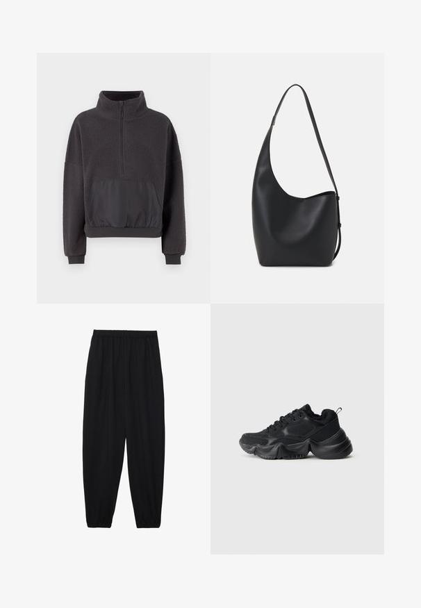 Sötétszürke pulóver textúrált bolyhos anyagból, félig cipzáros nyakkal, sima anyagú kontrasztos elülső zsebbel és rugalmas aljjal és mandzsettákkal.; Fekete, könnyű nadrág elasztikus derékkal és ráncolt bokákkal. Az anyag sima és laza, szűkített dizájnnal rendelkezik.; Fekete sportcipők sima és textúrált anyagok keverékével, vastag talppal, kerek formával és díszítő varrással. Puha, plüss szegéllyel rendelkezik.; Fekete bőr hobo táska sima textúrával, ívelt formával és egyetlen állítható pánttal; széles nyílás található a tetején.