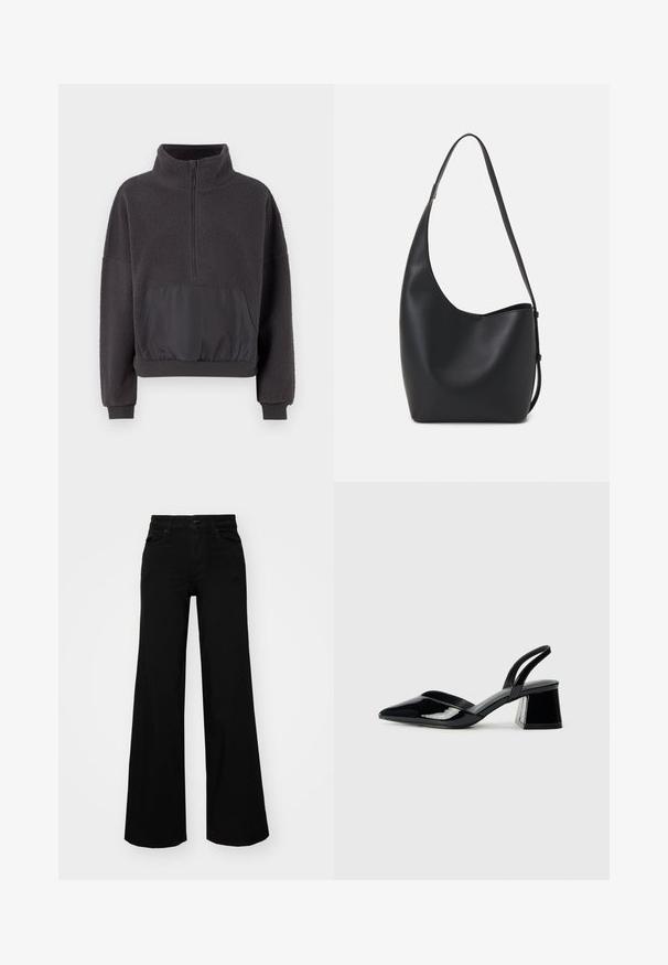 Pullover grigio scuro in pile testurizzato con colletto a mezza zip, tessuto liscio a contrasto sulla tasca frontale e orlo e polsini elasticizzati.; Pantaloni neri a gamba larga in denim, con una vita strutturata, passanti per la cintura e tasche frontali. Texture liscia con un design classico.; Décolleté in vernice nera con punta affusolata e tacco in geometria cubica. Presentano un design elegante e minimalista, con una texture liscia.; Borsa hobo nera in pelle con una superficie liscia, forma curvata e una singola tracolla regolabile; presenta un'ampia apertura nella parte superiore.