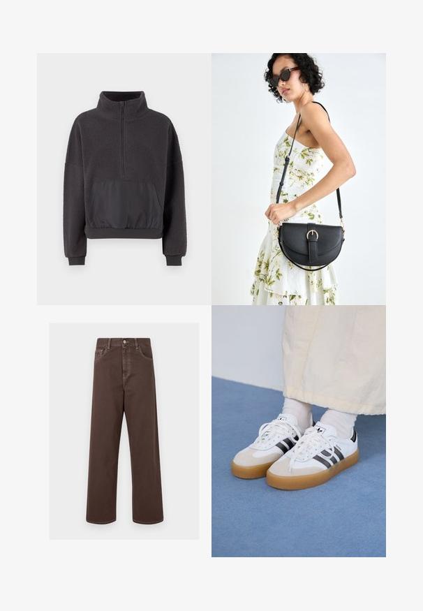 Pullover cinza escuro feito de fleece texturizado com colarinho de meio zíper, tecido liso contrastante no bolso frontal e bainha e punhos elásticos.; Calças de denim largas de cor castanha com costura em contraste, cinco bolsos e fecho de botão metálico. Tecido suave, corte reto.; Ténis brancos com riscas pretas e detalhes em camurça bege. Apresentam uma sola de borracha texturizada e atacadores brancos lisos, usados com meias de tom claro.; Bolsa de couro preta com forma curva, alça destacável e detalhes em dourado. A bolsa possui uma aba com detalhe de fivela.