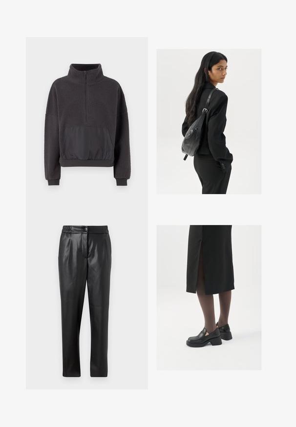 Dark gray pullover made of textured fleece with a half-zip collar, contrasting smooth fabric on the front pocket and elasticized hem and cuffs.; Black leather pants with a smooth texture, straight fit, elastic waistband, and a front button closure; pleated detailing and tapered legs.; Black leather shoes with a rounded toe, thick block heel, and elastic side accents, paired with dark tights and a black skirt with a slit.; Woman with long dark hair wearing a black suit, carrying a black leather shoulder bag, looking over her shoulder against a white background.
