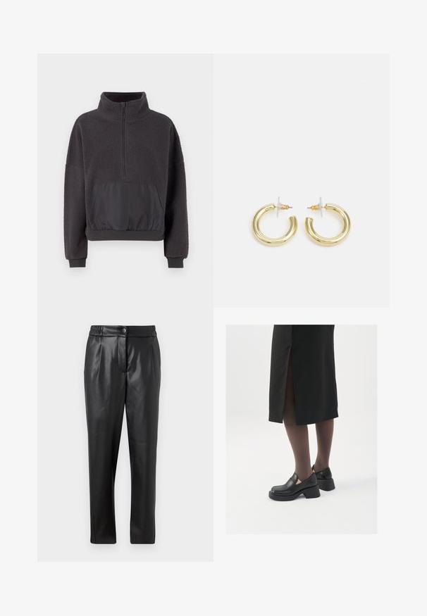Pulover gri închis, fabricat din fleece texturat, cu guler cu fermoar până la jumătate, material neted contrasting pe buzunarul din față și tivuri și manșete elastice.; Pantaloni din piele neagră cu o textură netedă, croială dreaptă, talie elastică și închidere cu nasture frontal; detalii plisate și picioare înguste.; Pantofi din piele neagră cu vârful rotund, toc bloc gros și accente elastice pe lateral, asortați cu colanți închiși la culoare și o fustă neagră cu o fanta.; Cercei cercuri din aur cu un finisaj neted și strălucitor. Design circular cu un mic suport și un spate transparent pentru o purtare sigură.
