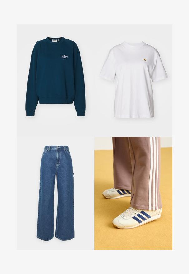 Carhartt WIP SIGNATURE - Ikdienas džemperis - duck blue/white; Balta kokvilnas T-kreklā ar brīvu piegriezumu, īsām piedurknēm un mazu izšūtu logotipu kreisajā krūtīs.; Platleņķa zili džinsi ar augstu jostasvietu, kontrastējošām šuvēm un sānu kabatām, ar klasisku piecu kabatu dizainu un neapstrādātiem malām.; Krēma krāsas kedas ar zilo zamšādu svītrām, baltām auklām un gumijas zoli. Apvienotas ar pelēkām sporta biksēm ar baltām sānu svītrām.