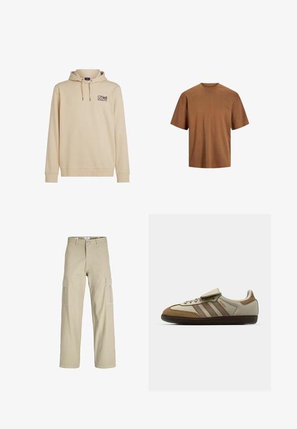 Beige hoodie met een voorzak, capuchon met trekkoord en geborduurd O’Neill-logo. Zachte stof met ribgebreide manchetten en zoom.; Korte mouwen T-shirt in bruin, gemaakt van katoen. Heeft een klassieke ronde hals en een ontspannen pasvorm met een soepele textuur en geen zichtbare versieringen.; Beige cargobroek gemaakt van een lichtgewicht stof, met een relaxte pasvorm, twee zijzakken en een knoopsluiting.; Bruine en crèmekleurige sportschoen met drie beige strepen, gemaakt van suede en leer, vetersluiting ontwerp en rubberen zool. Tekstlogo aan de zijkant.