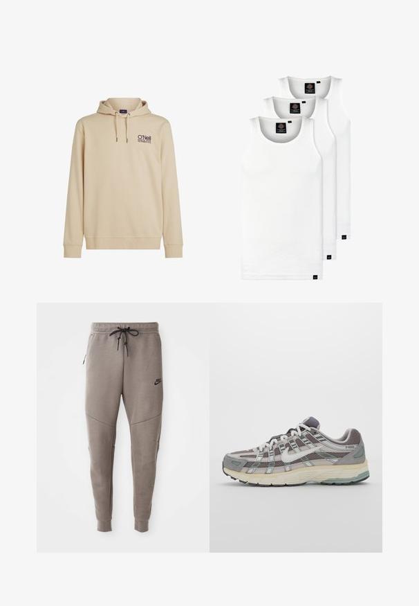 Sweat-shirt beige à capuche avec poche avant, cordon de serrage et logo O'Neill brodé. Tissu doux avec poignets et ourlet côtelés.; Trois débardeurs blancs côtelés en coton. Présentent un col rond et de petites étiquettes noires près de l'ourlet. Disponibles en plusieurs tailles.; Pantalon de survêtement gris Nike avec une taille élastique à cordon de serrage, des jambes fuselées, des poches latérales et un détail de couture distinct. Tissu doux et texturé.; Chaussure de sport grise avec une tige en mesh et en daim, accents blancs, semelle rembourrée et un design distinctif avec des éléments réfléchissants.