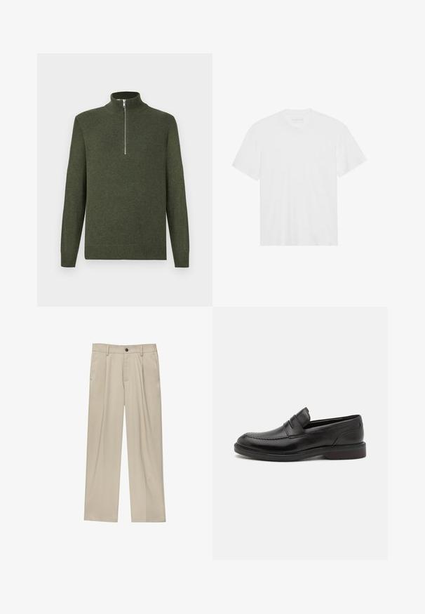 Dunkelgrüner Strickpullover mit langen Ärmeln und einem silbernen Reißverschluss an der Vorderseite, der bis zur Hälfte von einem Stehkragen reicht.; Weißes Baumwoll-T-Shirt mit kurzen Ärmeln, Rundhalsausschnitt und geradem Saum. Glatte Textur, minimalistisches Design ohne Muster oder Akzente.; Beige Hosen mit geradem Schnitt, ausgestattet mit einem einzelnen schwarzen Knopf, Gürtelschlaufen und Seitentaschen. Glatte Stofftextur und minimalistisches Design.; Schwarze Lederloafers mit genähter Zehenpartie, zwei horizontalen Riemen über dem Blatt und einem Holzabsatz. Glatte Textur und abgerundete Form.