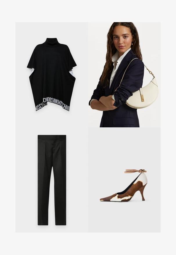 MOSCHINO PONCHO - Cape - black; Black trousers featuring a smooth fabric, tailored design, straight legs, and a flat waistband with no visible closures or pockets.; Brown and white cow print high heel shoe with a pointed toe, textured surface, and an ankle strap with a light brown buckle.; White leather handbag with a curved shape, gold hardware, and a textured finish, worn over a dark blazer and white shirt.