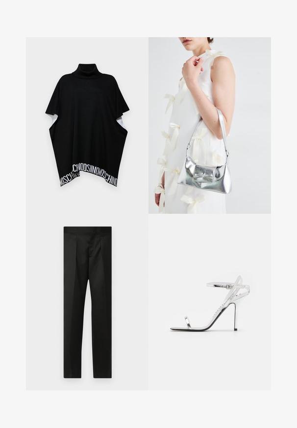 MOSCHINO PONCHO - Viitta - black; Mustat housut, joissa on sileä kangas, räätälöity muotoilu, suorat lahkeet sekä litteä vyötärö ilman näkyviä kiinnityksiä tai taskuja.; Hopeasävyiset korkokengät, joissa on ohuet remmit ja tyylikäs muotoilu. Ominaisuuksiin kuuluu kärkisuoja ja korkea stiletto-korko, joita tasapainottaa musta pohja.; Harmaa metallinhohtoinen käsilaukku, jossa on jämäkkä muotoilu. Laukussa on yläkahva ja etuosassa kauniisti koristeena solmukkeen yksityiskohta. Pinnassa on sileä tekstuuri ja heijastava viimeistely.