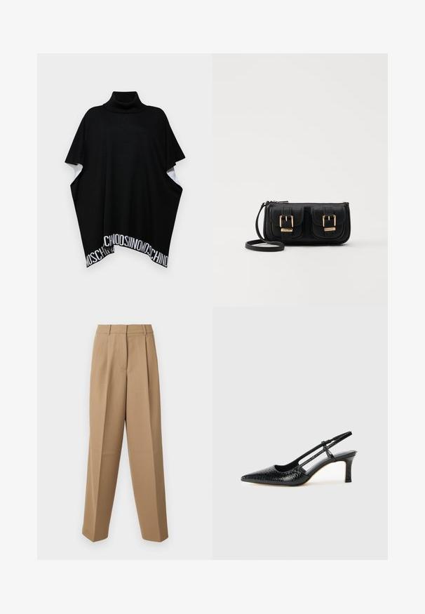 MOSCHINO PONCHO - Keep - black; Beige ülihästi istuvad püksid kõrge vöökohtaga, kortsunud esiosas ja laia säärega lõikega. Kanga pind näeb välja sile ja kerge läikega.; Mustmust paelad, millel on terav varvas, tekstuuriga maduprindiga, reguleeritav rihm ja lühike tekstuuriga plokknina.; Must küllastamata nahast õlakott, millel on kaks esist nähtavat taskut, kuldsed pandlad, tõmblukuga sulgemine ja peen rihm. Tekstuuriga pind ja kompaktne ristkülikukujuline kuju.