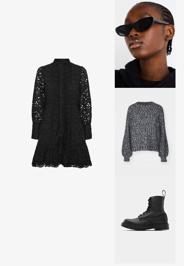 Tekstureeritud must-valge kootud sviiter ümmarguse kaelusega, pikad balloonvarrukad ning soonikkoes krae ja hem. Lõdva istuvusega, soe materjal.; Mustlejõhuga must siidkleit, millel on nööpidega esiosa, pikad varrukad ja volangiga äär. Peal on lõigatud lille- ja geomeetrilised mustrid.; Mustad mustavi combat kingad ümmarguse varbaga, paeltega esiosa ja säärel tõmbeaas. Omab paksu kummist tallat, mis tagab vastupidavuse.; Must musta silmad eest vaatavad mustad prillid, millel on matt viimistlus, elegantne disain ja õrnalt kõverad servad, mudeli tumeda riietuse taustal.