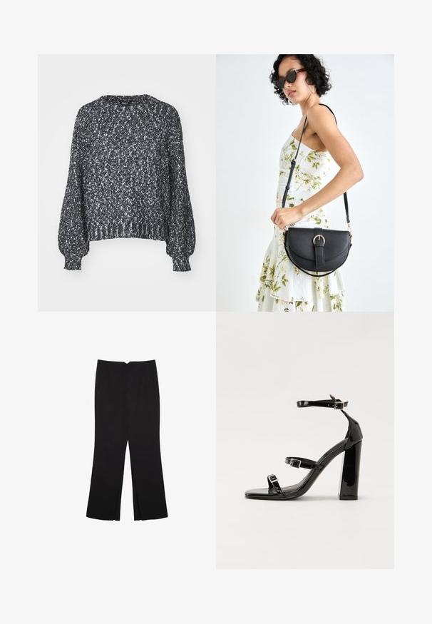 Texturerad svartvit stickad tröja med rund halsringning, långa ballongärmar och ribbade manschetter och fåll. Avslappnad passform, varm material.; Svarta byxor med rak passform, utrustade med framfickor och sidoklyvningar vid fållen. Tillverkade av mjukt, slätt tyg. Lämpliga för olika tillfällen.; Svarta lackerade högklackade sandaler med två spännband, fyrkantig tå och en tjock klack, med en slät och glansig yta.; Svart läderhandväska med en böjd form, avtagbar rem och guldiga detaljer. Väskan har ett lock med en spänndetalj.