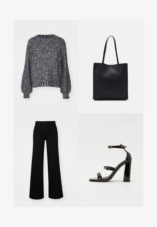Teksturert svart og hvitt strikket genser med rund hals, lange ballongsleeves og ribbestrikkede ermer og kant. Avslappet passform, varmt materiale.; Svart vide bukser laget av denim, med en strukturert midjebånd, beltestropper og frontlommer. Glatt tekstur med et klassisk design.; Svarte høyhælte sandaler i lakk med to spennestraps, firkantet tå og en tykk blokkhæl, med en glatt, blank tekstur.; Svart lær tote bag med glatt tekstur, rektangulær form og to lange håndtak. Ingen synlige deler eller dekorasjoner.