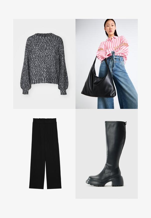 Suéter malha texturizada em preto e branco com decote redondo, mangas balão longas e punhos e bainha canelados. Ajuste casual, material quente.; Calças largas pretas com um cinto franzido, apresentando dois bolsos laterais e um tecido suave e leve. Sem padrões ou ferragens visíveis.; Bota preta de couro alta com sola de plataforma robusta e salto bloco, apresentando puxador e padrão texturizado na sola.; Bolsa de ombro em couro preto com uma forma descontraída e detalhes costurados. O modelo usa uma camisa listrada em rosa e branco com jeans de perna larga azul.