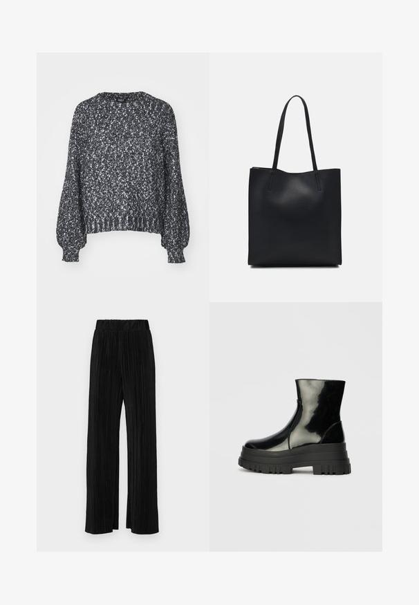 Suéter malha texturizada em preto e branco com decote redondo, mangas balão longas e punhos e bainha canelados. Ajuste casual, material quente.; Calças pregueadas pretas com uma cintura elástica. Apresentam pernas largas e um tecido liso, texturizado com riscas verticais.; Bota de tornozelo preta e brilhante com sola grossa e arredondada, vista lateral sobre fundo cinza claro.; Bolsa tote preta em couro com textura lisa, forma retangular e duas alças longas. Sem hardware ou enfeites visíveis.
