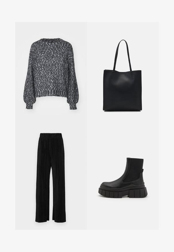 Teksturert svart og hvitt strikket genser med rund hals, lange ballongsleeves og ribbestrikkede ermer og kant. Avslappet passform, varmt materiale.; Sorte plisserte bukser med elastisk midje. Har vide ben og et glatt, strukturert stoff med vertikale striper.; Svarte ankelstøvler laget av glatt lær, med elastiske sidepaneler, en kraftig platåsåle og et teksturert mønster.; Svart lær tote bag med glatt tekstur, rektangulær form og to lange håndtak. Ingen synlige deler eller dekorasjoner.