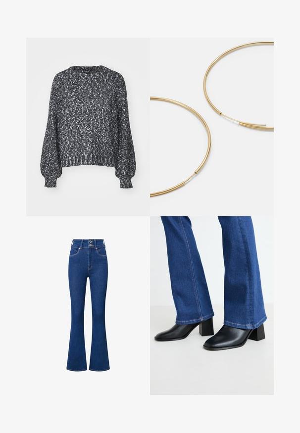 Tekstureeritud must-valge kootud sviiter ümmarguse kaelusega, pikad balloonvarrukad ning soonikkoes krae ja hem. Lõdva istuvusega, soe materjal.; Tumedast sinisest denimist kõrge vöökoha ja laienevate jalgega teksad. Omab kaht nuppu sulgemiseks, ees taskud ja elegantsed õmblusdetailid õmbluste ääres.; Mustad musta nahast pahkluu saapad ruudu otsaga ja ploki kontsaga, kombineeritud siniste denimidest flare-pükstega, mille allääres on kontrastne õmblus.; Kulla värvi nõelad, õhukesed ja ümmargused, millel on sile metallist pind ja ilma kaunistuste või mustriteta.
