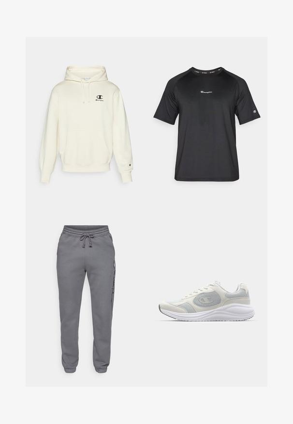 Kremfarget hettegenser laget av mykt stoff. Har en frontlomme, snøring i hetta, og svart brodert logo på venstre bryst.; Champion LIGHT STRETCH - T-skjorte til trening - black; Champion ICONS ELASTIC-CUFF SLIM FIT - Joggebukse - foggy; Hvit idrettssko med lys grå detaljer, nett- og semsket skinnmaterialer, avrundet tå, teksturert såle og synlig merkevarelogo på siden.