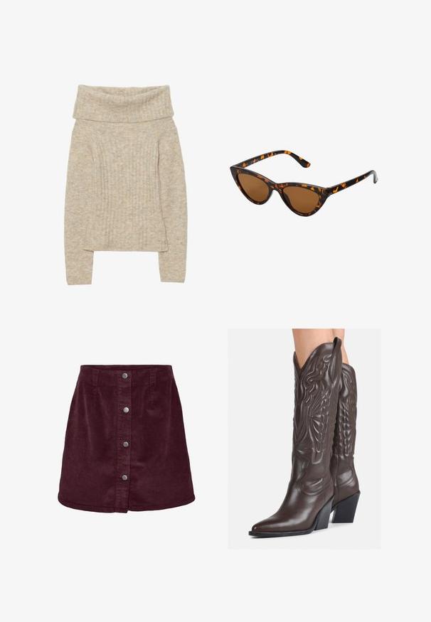 Maglione beige a maglia con un ampio colletto pieghevole, texture a coste verticali, maniche lunghe e una leggera svasatura all'orlo. Aspetto morbido e caldo.; Gonna mini in corduroy bordeaux a forma di a, con cinque bottoni argentati lungo la parte anteriore e una sottile texture a righe.; Stivali da cowboy in pelle marrone con punta affusolata e tacco a blocco, caratterizzati da dettagliati ricami e accenti rialzati sul gambale.; Occhiali da sole cat-eye con una montatura tartarugata nera e arancione, lenti marroni e punte affusolate e eleganti. Presentano un logo minimale sulla asta.