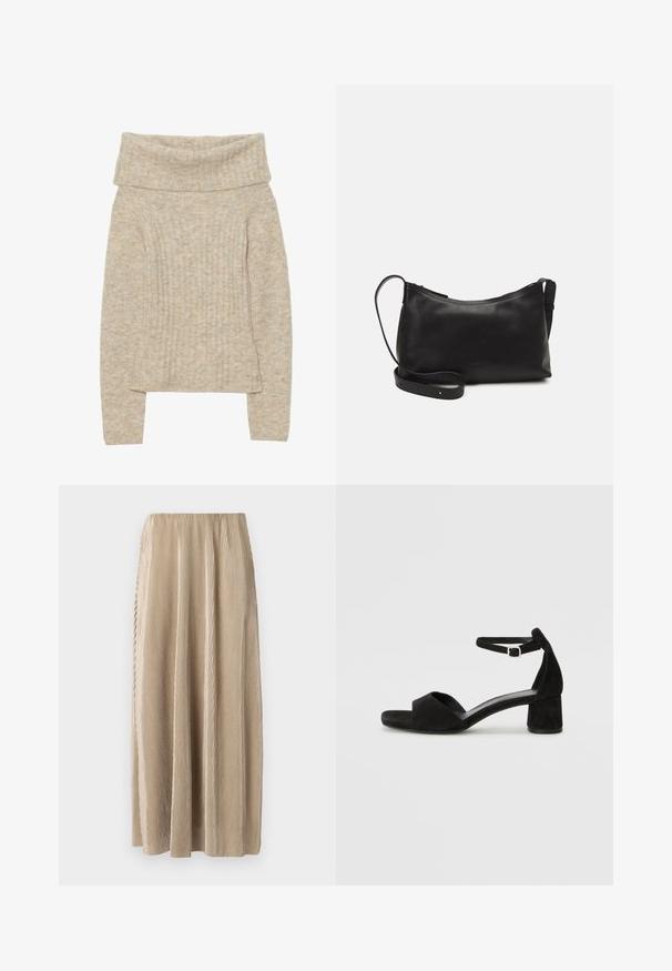 Pull en tricot beige avec un large col replié, texture côtelée verticale, manches longues et une légère évasement à l'ourlet. Apparence douce et chaude.; Jupe midi plissée beige avec une taille élastique, dotée de rayures verticales et d'une silhouette fluide pour un confort de mouvement.; Sandales à talons en daim noir avec une fine lanière à la cheville, design à bout ouvert et un talon carré modeste. Texture lisse et accents minimalistes.; Sac à épaule en cuir noir avec une texture lisse, une forme courbée, une bandoulière ajustable et une fermeture éclair. Design minimaliste sans embellissements.